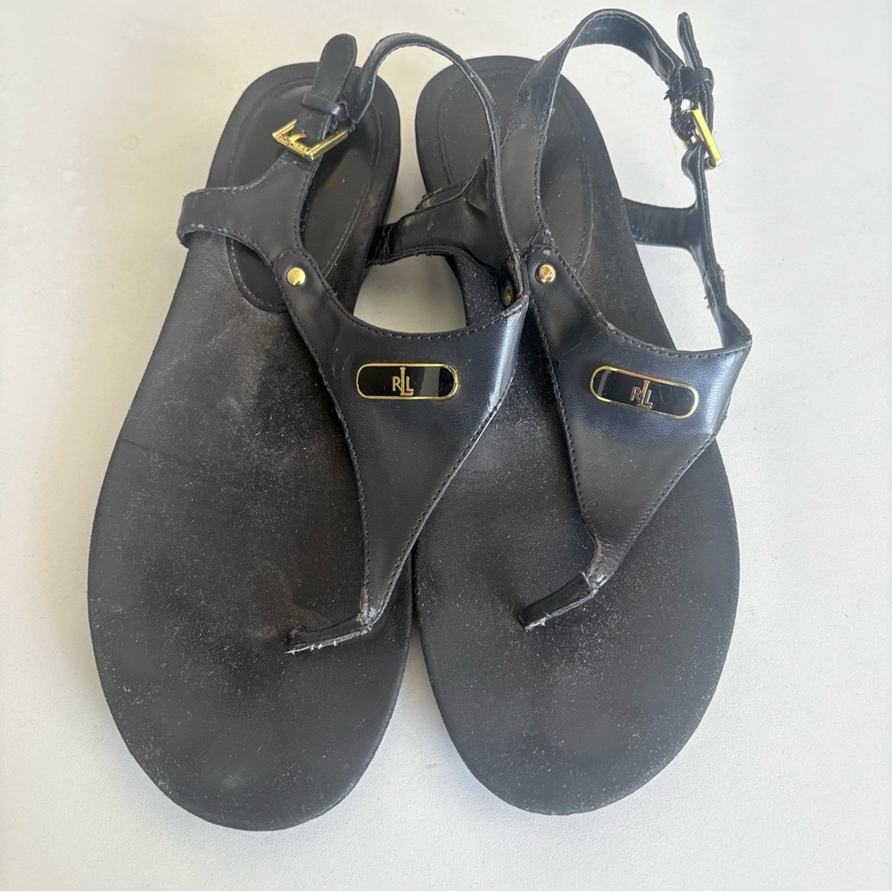 Ralph Lauren Women’s Black Pu Leather Sling Back Thong Sandals Size 8
